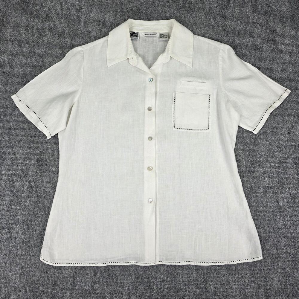Richard Malcolm Shirt Womens Medium White Irish Linen Short Sleeve Button Up